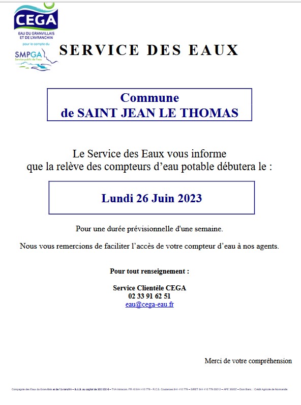 Relève des compteurs d'eau à partir du 26 juin 2023 Relève des compteurs d'eau à partir du 26 juin 2023