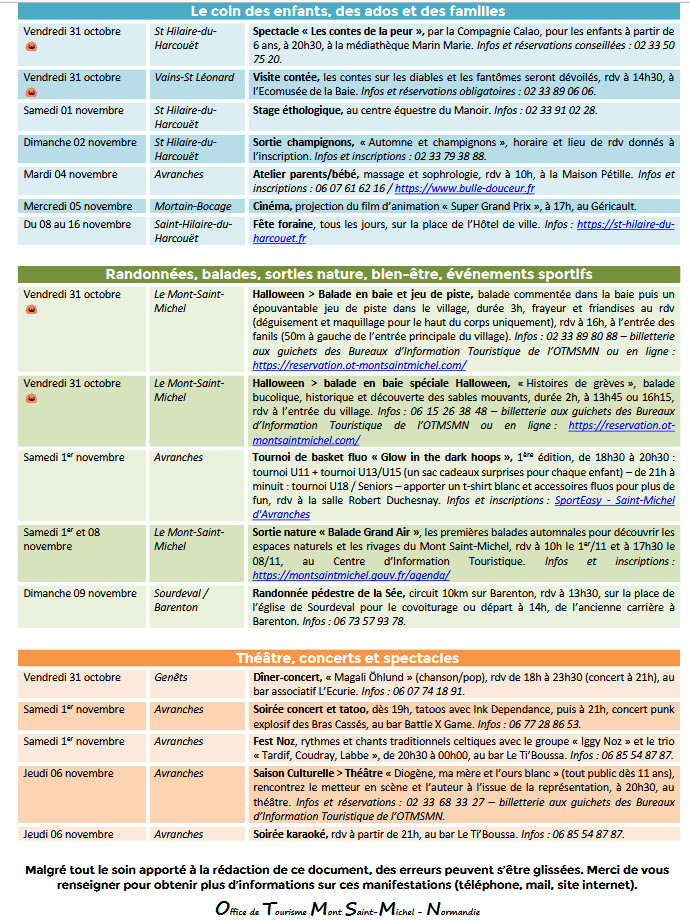 Mont Saint Michel - Normandie - Evénements du 30 octobre au 9 novembre