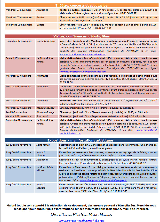 Mont Saint Michel - Normandie - Evénements du 30 octobre au 9 novembre