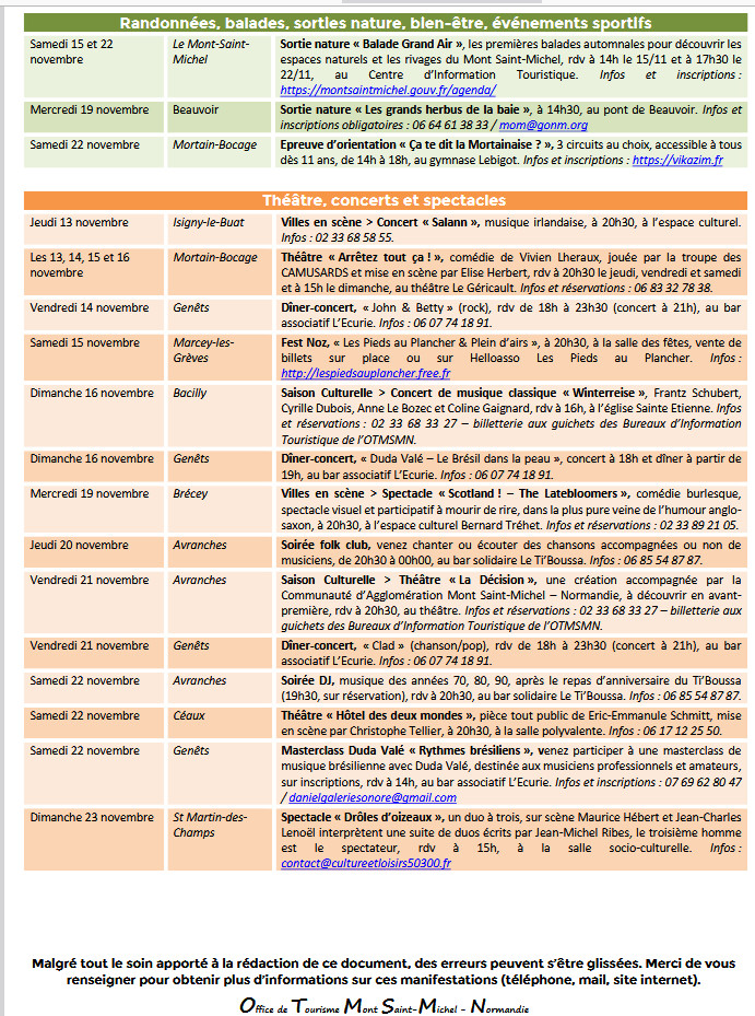 Mont Saint Michel - Normandie - Evénements du 13 au 23 novembre novembre
