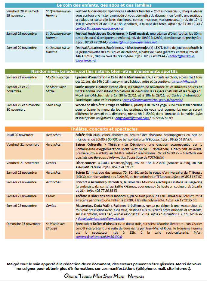 Mont Saint Michel - Normandie - Evénements du 20 au 30 novembre