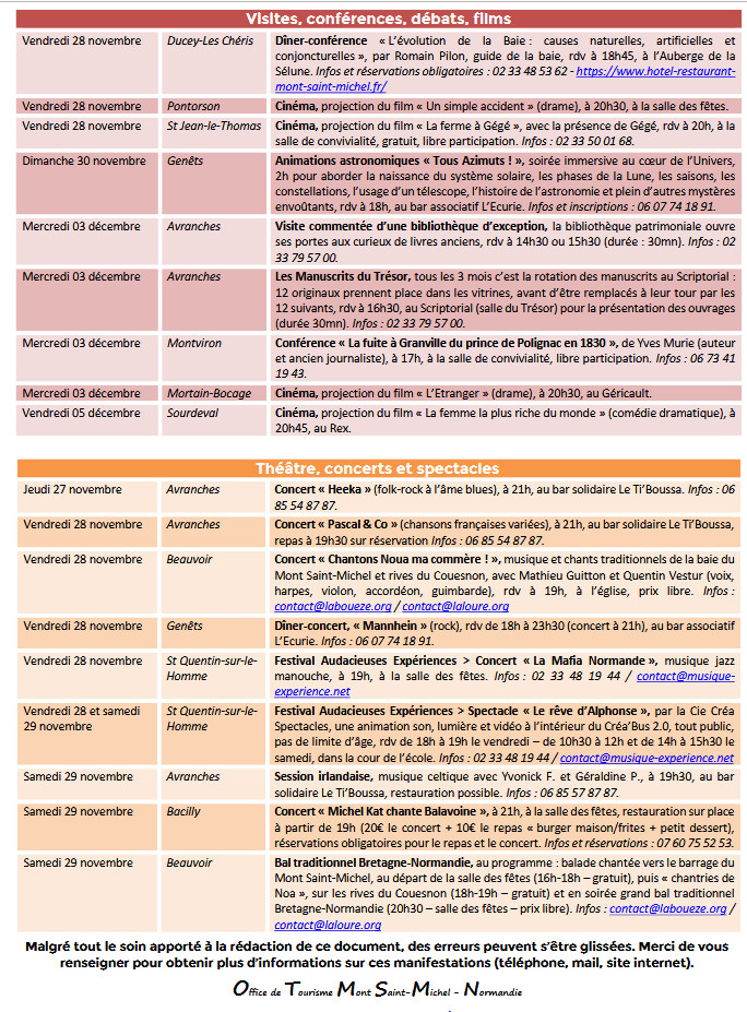 Mont Saint Michel - Normandie - Evénements du 27 novembre au 7 décembre