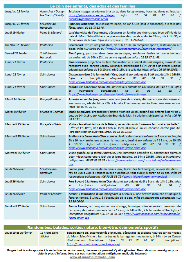 Mont Saint Michel - Normandie - Evénements du 19 février au 1er mars