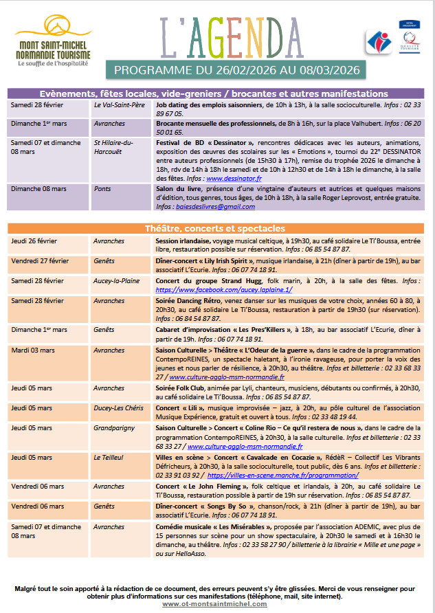 Mont Saint Michel - Normandie - Evénements du 26 février au 8 mars