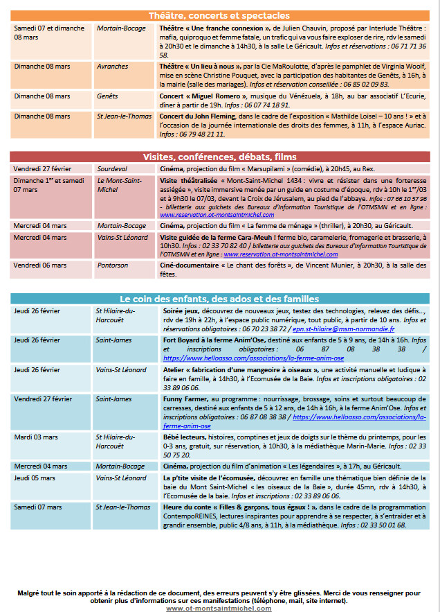 Mont Saint Michel - Normandie - Evénements du 26 février au 8 mars