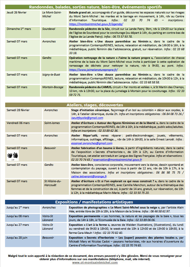 Mont Saint Michel - Normandie - Evénements du 26 février au 8 mars