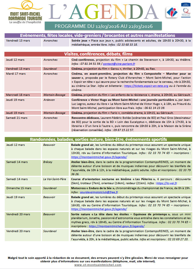 Mont Saint Michel - Normandie - Evénements du 12 au 22 mars