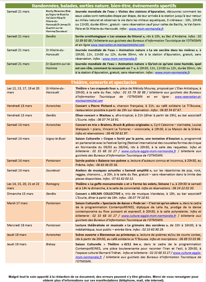 Mont Saint Michel - Normandie - Evénements du 12 au 22 mars