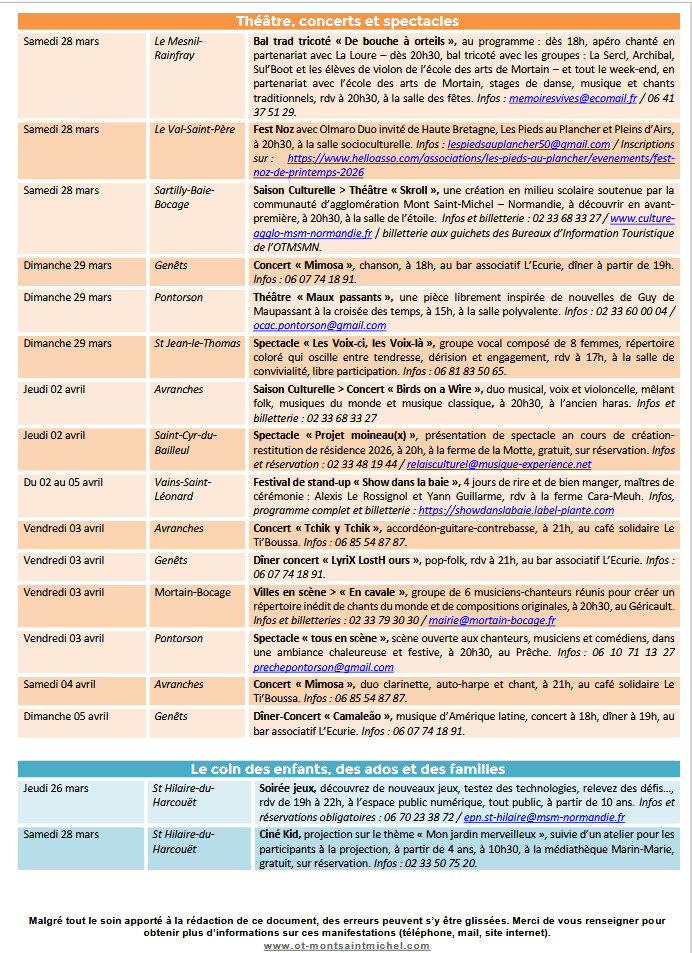 Mont Saint Michel - Normandie - Evénements du 26 mars au 6 avril