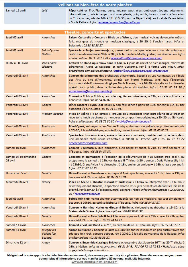 Mont Saint Michel - Normandie - Evénements du 2 au 12 avril