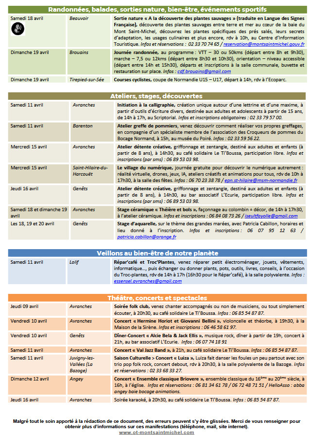 Mont Saint Michel - Normandie - Evénements du 9 au 19 avril