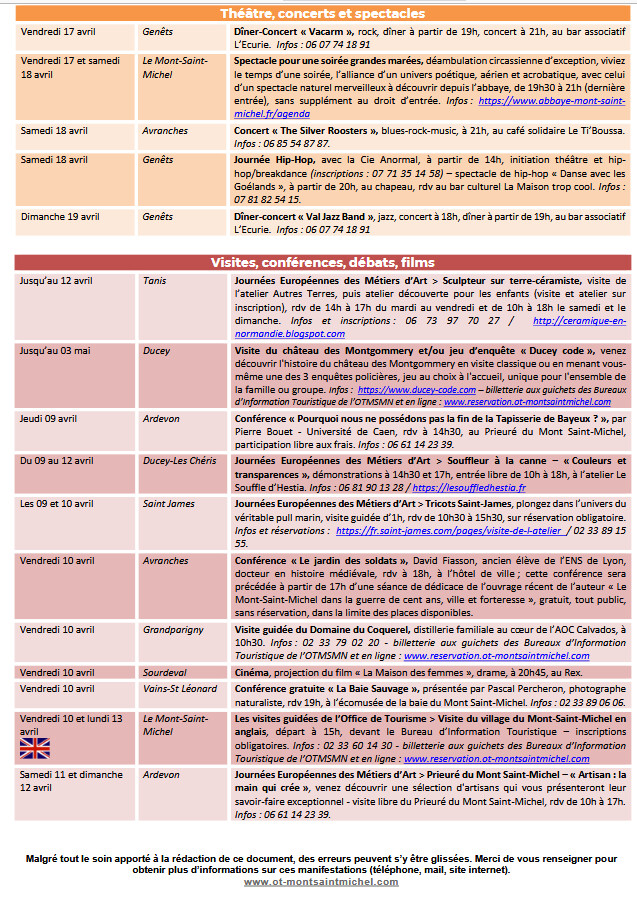 Mont Saint Michel - Normandie - Evénements du 9 au 19 avril