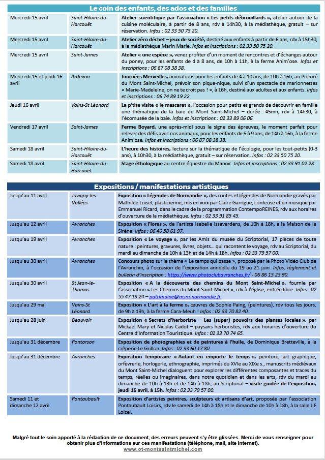 Mont Saint Michel - Normandie - Evénements du 9 au 19 avril