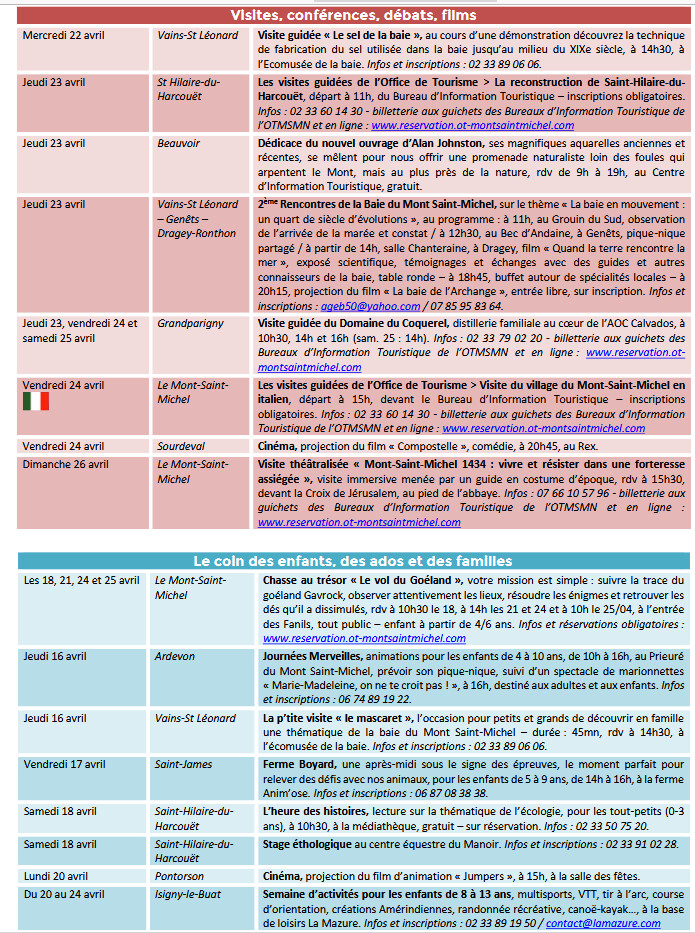 Mont Saint Michel - Normandie - Evénements du 16 au 26 avril
