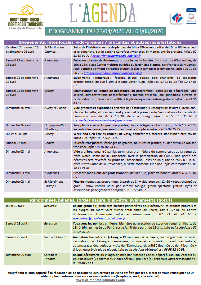 Mont Saint Michel - Normandie - Evénements du 23 avril au 3 mai