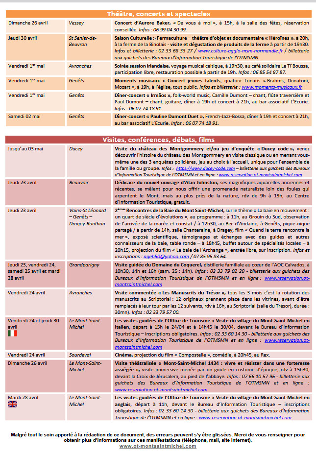 Mont Saint Michel - Normandie - Evénements du 23 avril au 3 mai