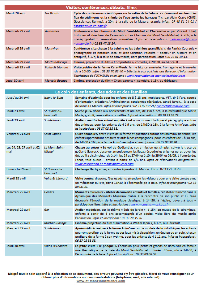 Mont Saint Michel - Normandie - Evénements du 23 avril au 3 mai