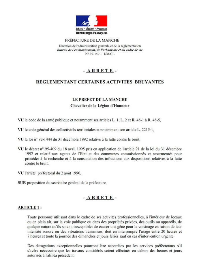 Rappel de la réglementation concernant les activité bruyantes Rappel de la réglementation concernant les activité bruyantes