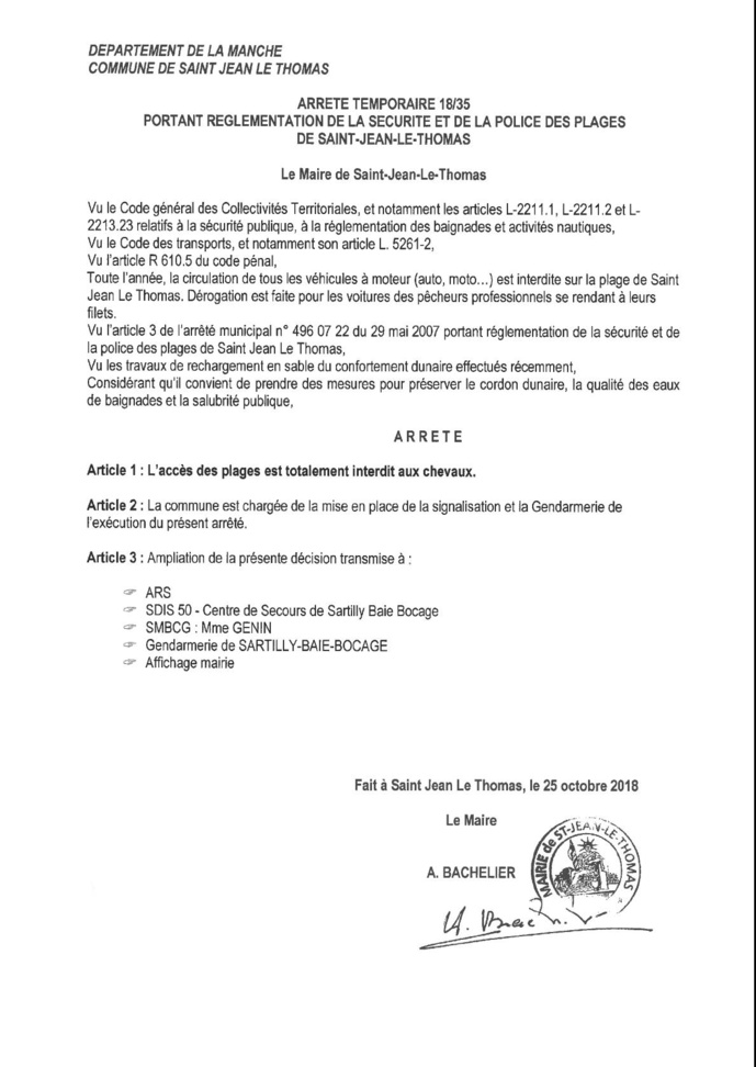 Interdiction des plages de Saint Jean le Thomas aux chevaux (arrété municipal du 25/10/2018)