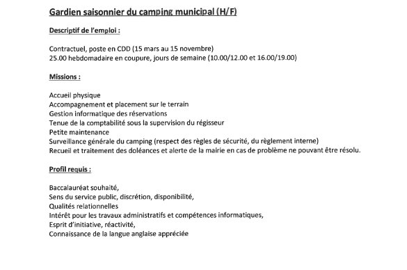 Recrutement d'un agent-réceptionniste en CDD pour le camping Recrutement d'un agent-réceptionniste en CDD pour le camping