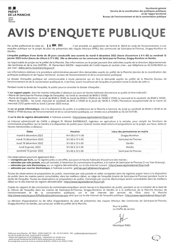 Enquête publique sur le PPRL St-Jean-le-Thomas,Dragey-Ronthon et Genêts : le rapport Enquête publique sur le PPRL St-Jean-le-Thomas,Dragey-Ronthon et Genêts : le rapport