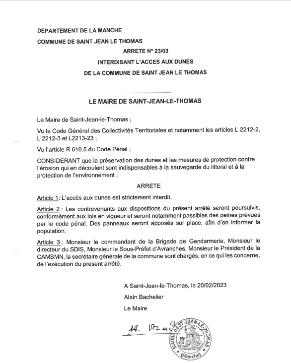 Interdiction de l'accès aux dunes de Saint-Jean-le-Thomas