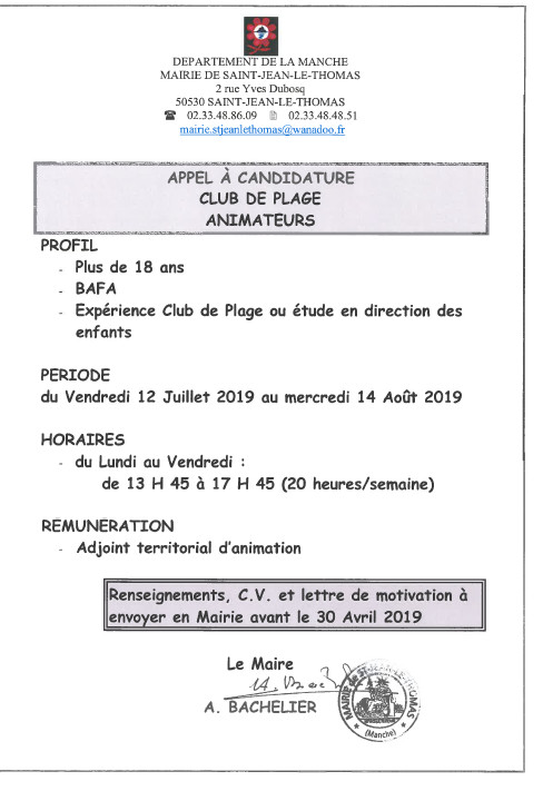 Appel à Candidatures pour Animateurs du Club de Plage Appel à Candidatures pour Animateurs du Club de Plage