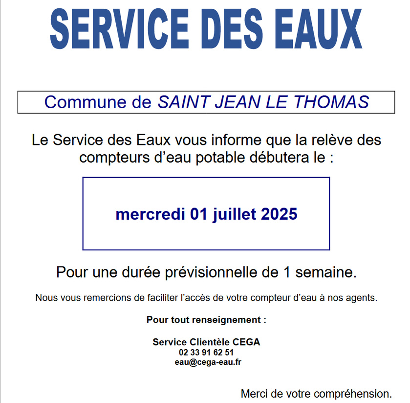Relève des compteurs d'eau à partir du 1er juillet