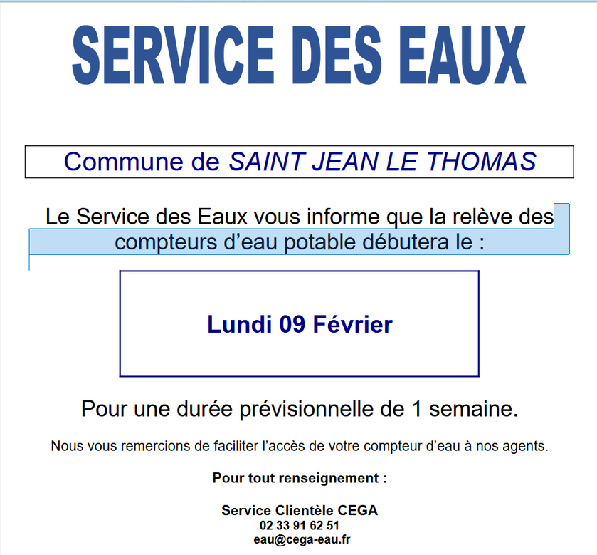 Relève des compteurs d'eau à partir du 9 février 2026 Relève des compteurs d'eau à partir du 9 février 2026