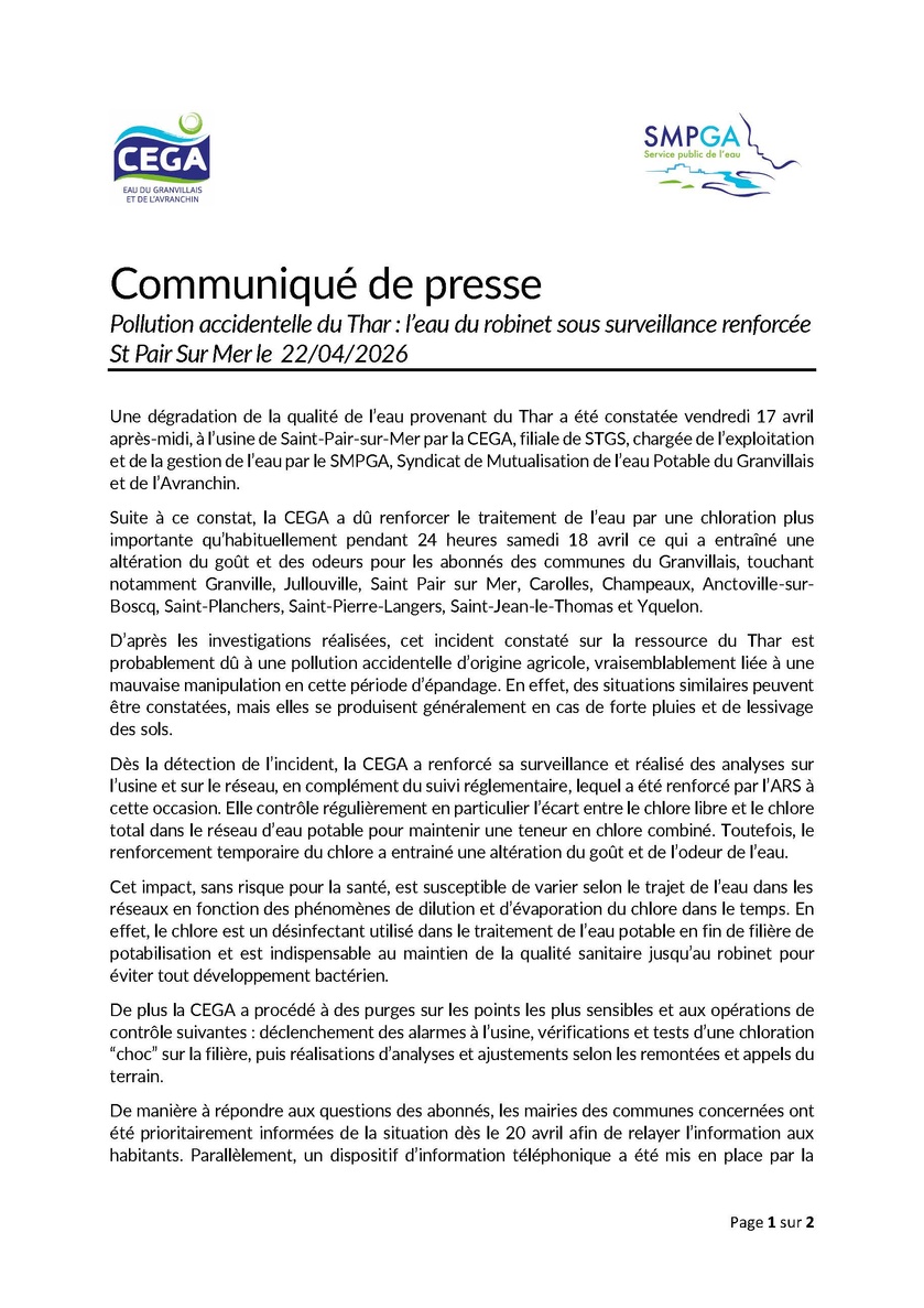 Communiqué de presse - Incident Chlore dans le Granvillais Communiqué de presse - Incident Chlore dans le Granvillais