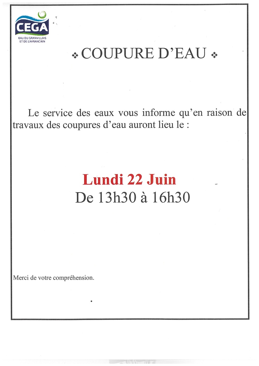 Coupure d'eau - lundi 22 juin 2028