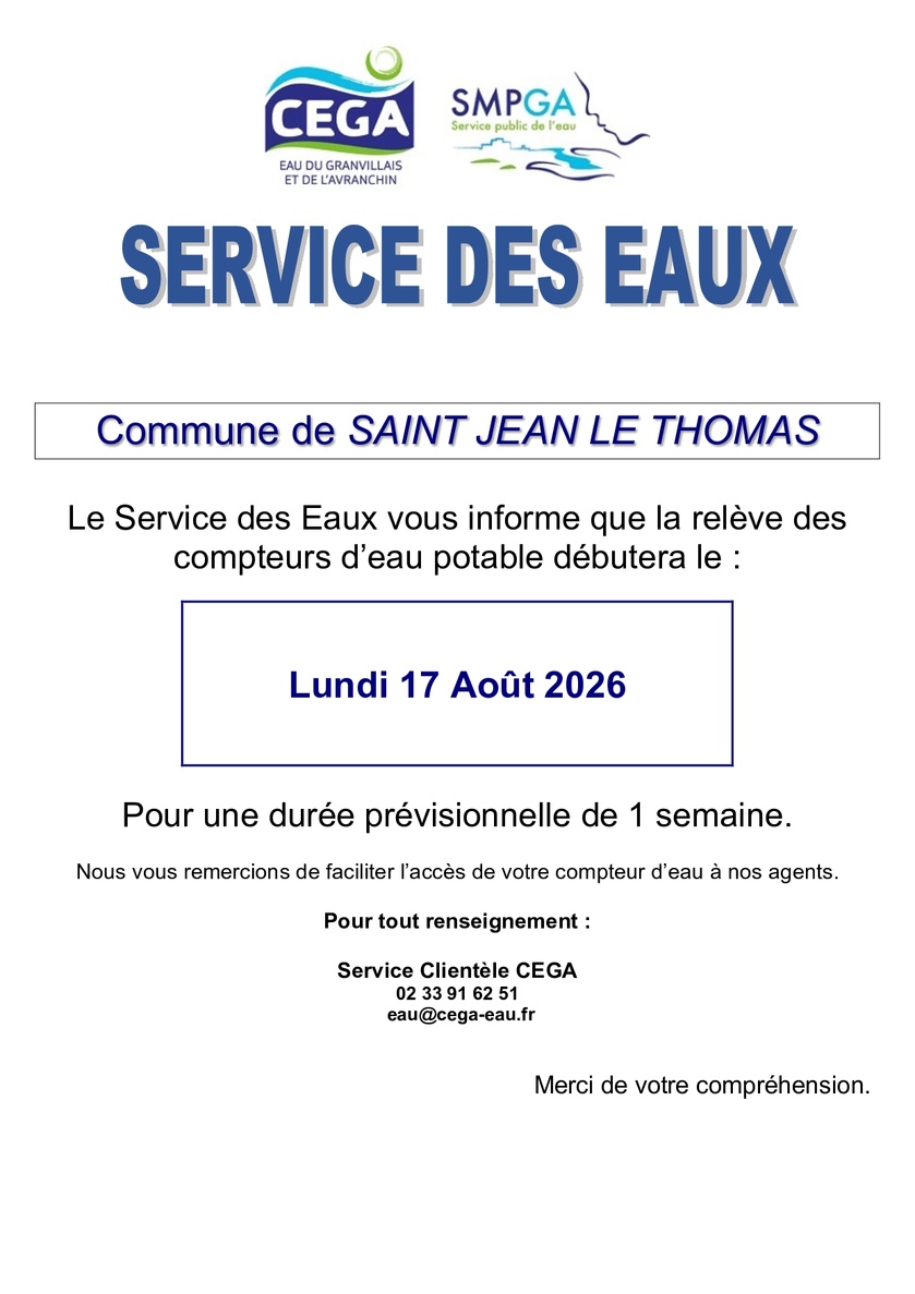 Relève des compteurs d'eau potable à compter du 17 août 2026