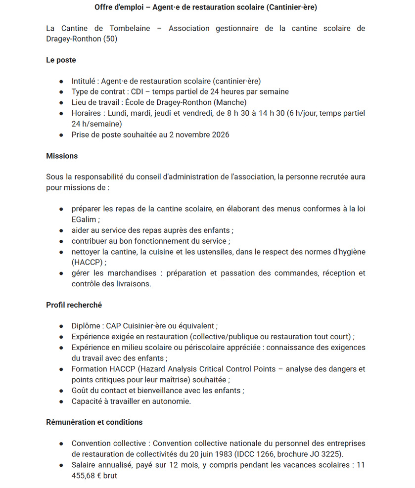 La Cantine de Tombelaine recrute un·e agent·e de restauration scolaire La Cantine de Tombelaine recrute un·e agent·e de restauration scolaire