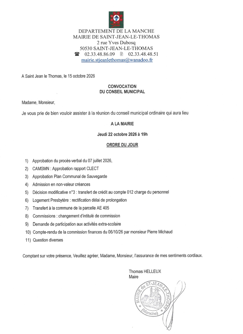 Conseil municipal – Réunion du 22 octobre 2026 - Délibérations