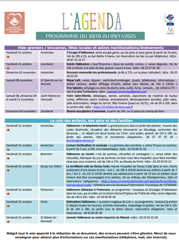 Mont Saint Michel - Normandie - Evénements du 30 octobre au 9 novembre