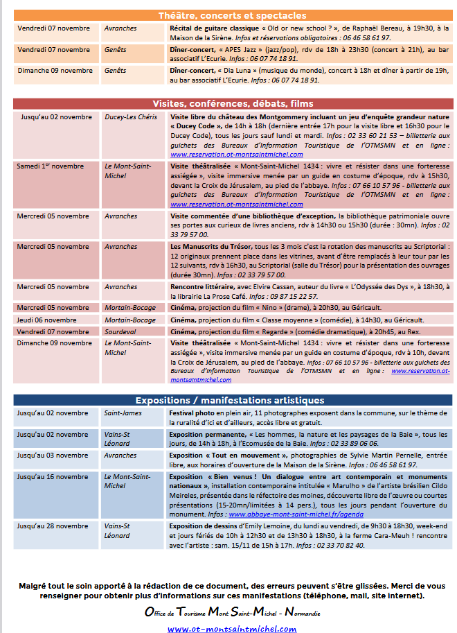 Mont Saint Michel - Normandie - Evénements du 30 octobre au 9 novembre