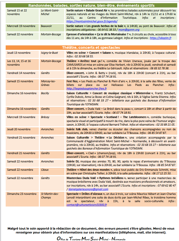 Mont Saint Michel - Normandie - Evénements du 13 au 23 novembre novembre