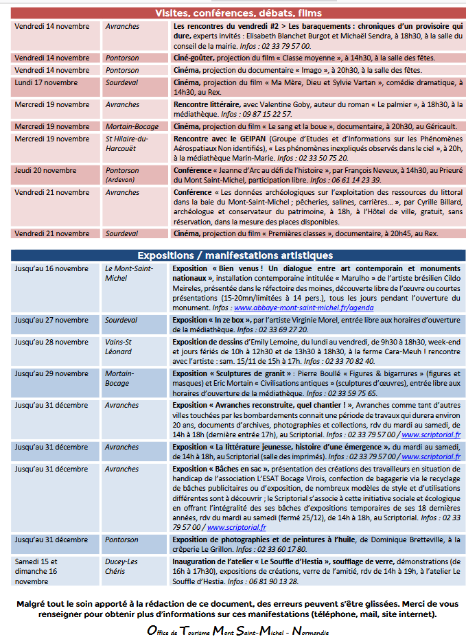 Mont Saint Michel - Normandie - Evénements du 13 au 23 novembre novembre