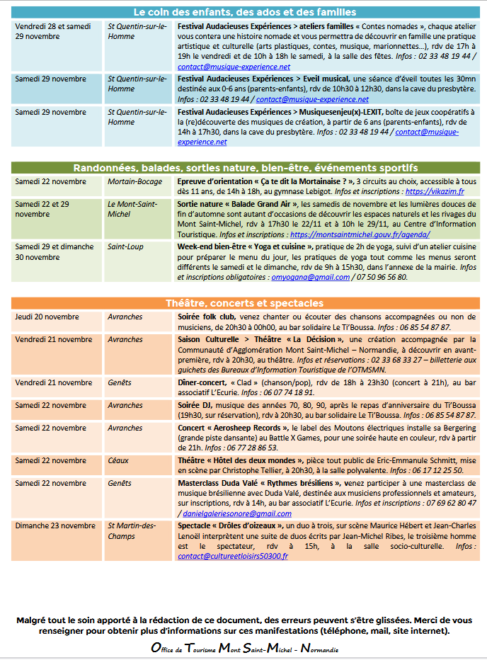 Mont Saint Michel - Normandie - Evénements du 20 au 30 novembre