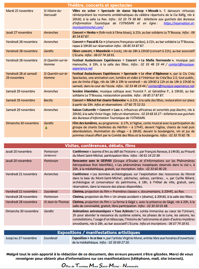Mont Saint Michel - Normandie - Evénements du 20 au 30 novembre