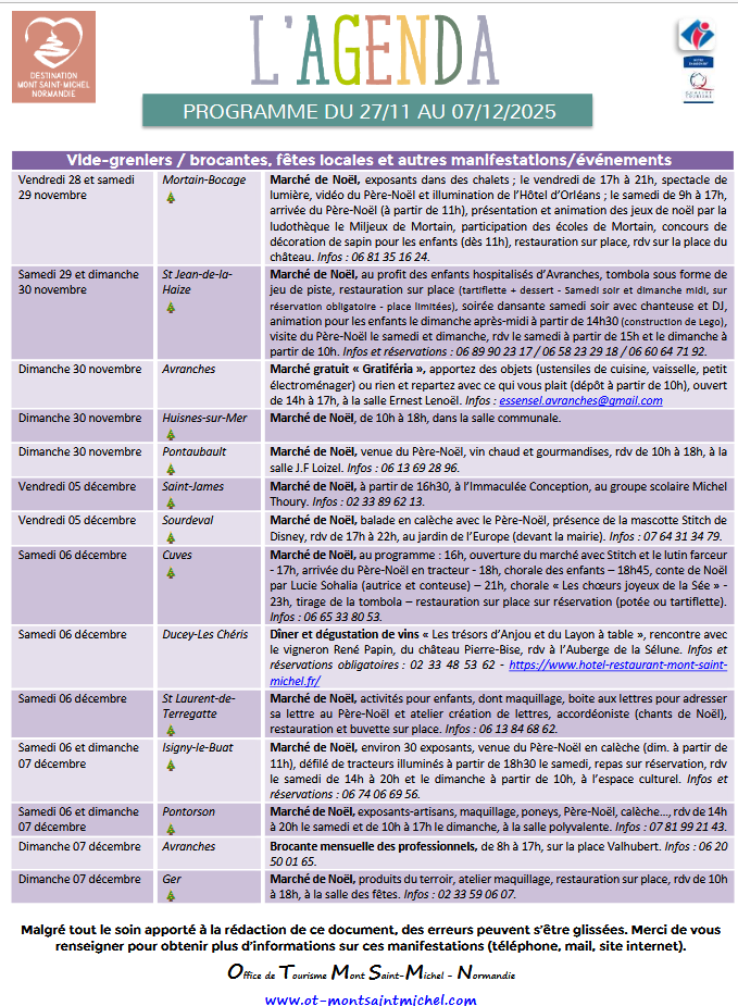 Mont Saint Michel - Normandie - Evénements du 27 novembre au 7 décembre