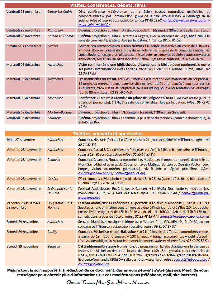 Mont Saint Michel - Normandie - Evénements du 27 novembre au 7 décembre