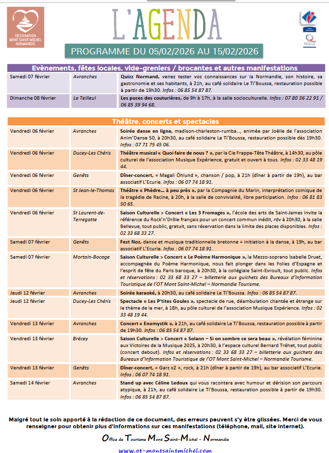 Mont Saint Michel - Normandie - Evénements du 5 au 15 février
