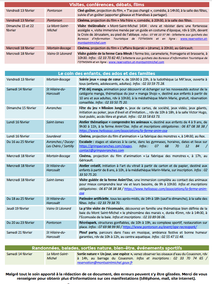 Mont Saint Michel - Normandie - Evénements du 12 au 22 février