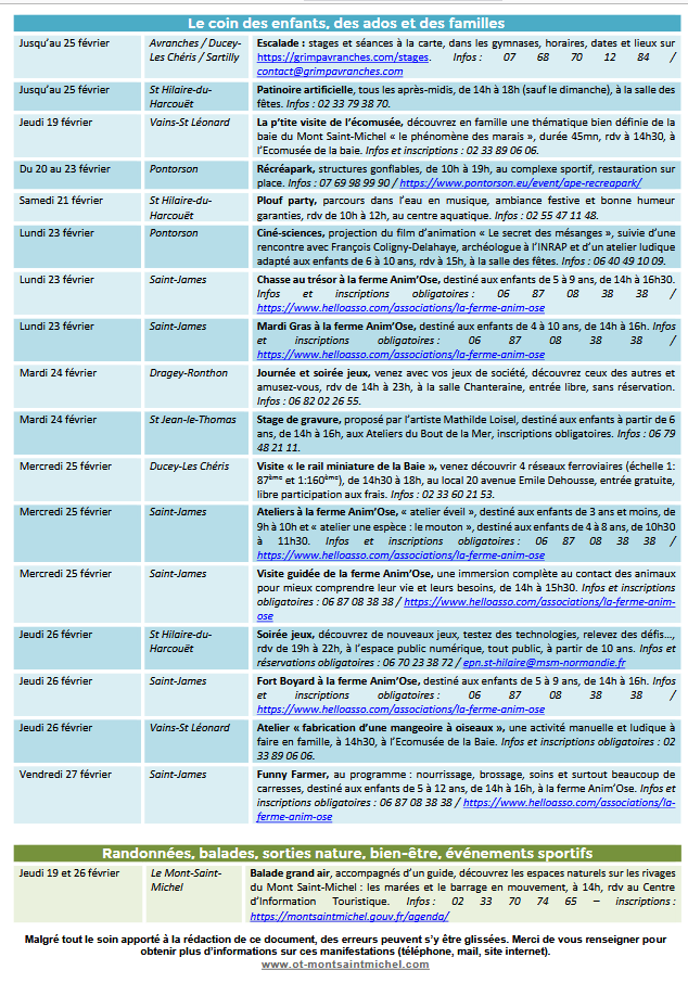 Mont Saint Michel - Normandie - Evénements du 19 février au 1er mars