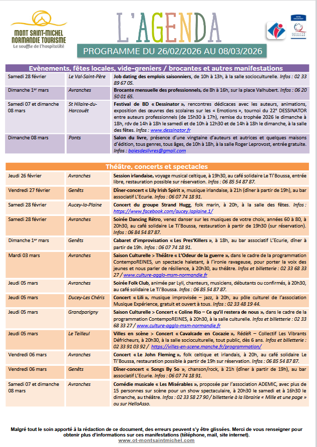 Mont Saint Michel - Normandie - Evénements du 26 février au 8 mars