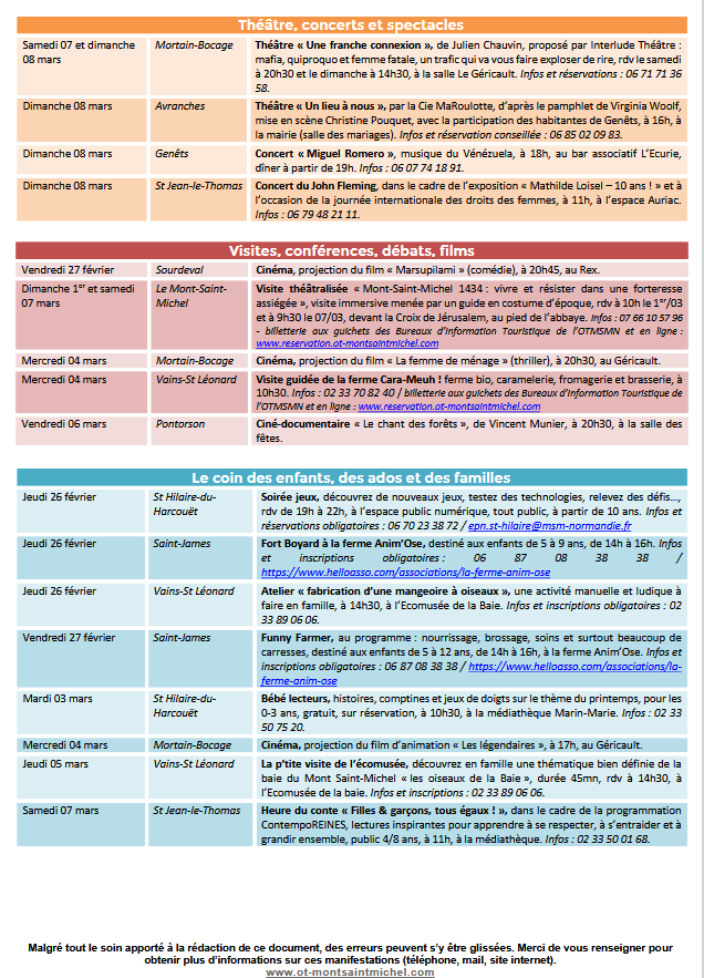 Mont Saint Michel - Normandie - Evénements du 26 février au 8 mars
