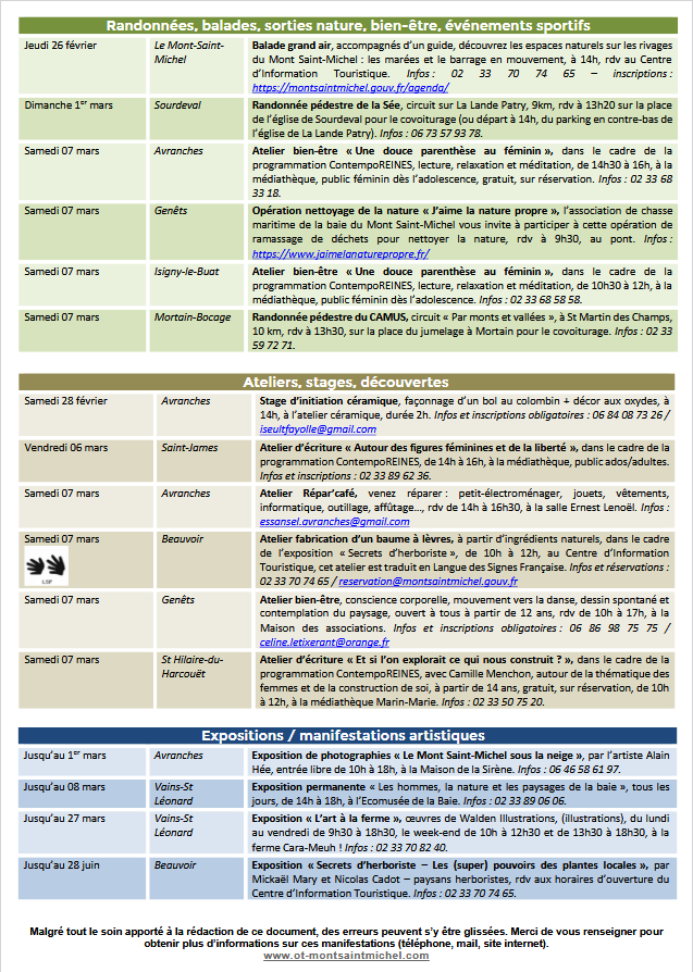 Mont Saint Michel - Normandie - Evénements du 26 février au 8 mars