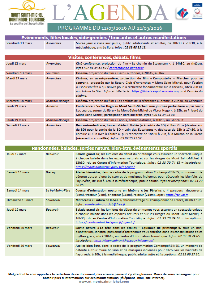 Mont Saint Michel - Normandie - Evénements du 12 au 22 mars