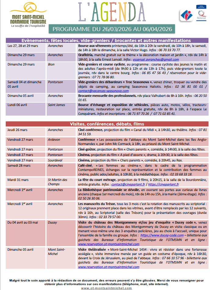 Mont Saint Michel - Normandie - Evénements du 26 mars au 6 avril